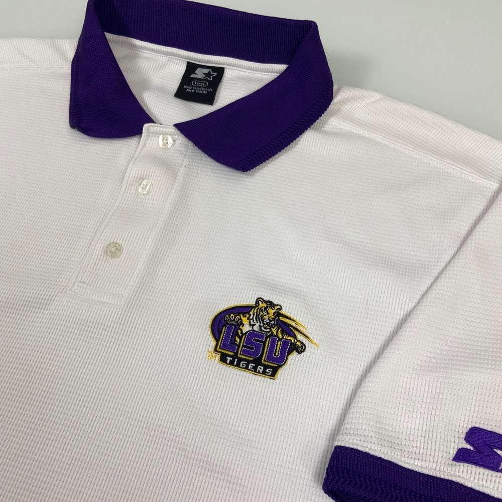 Starter Mens Large White LSU Tigers Polo Shirt Waffle Knit Short Sleeve